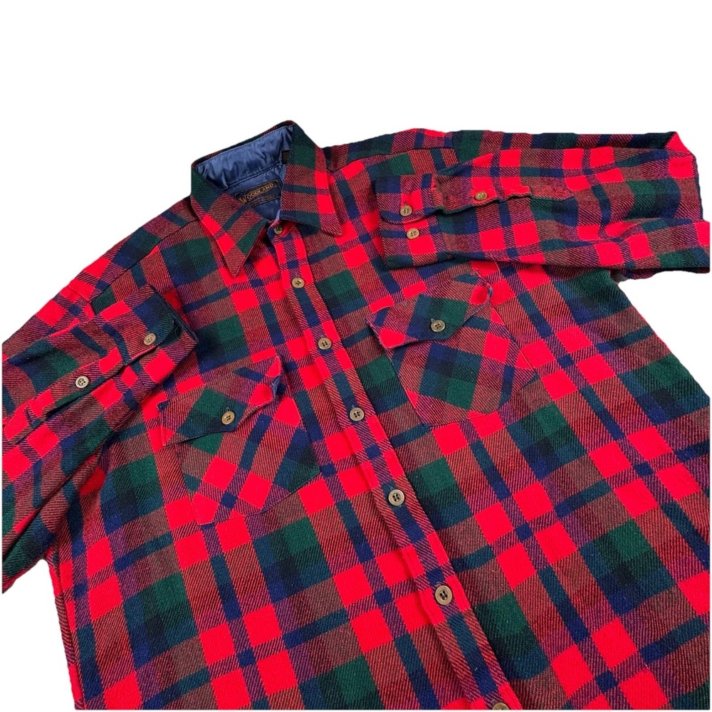 Vintage Woodland Flannel Men L‎ Plaid Red Virgin Acrylic Button-Up Lumberjack